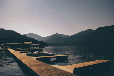 Pier over lake against clear sky
