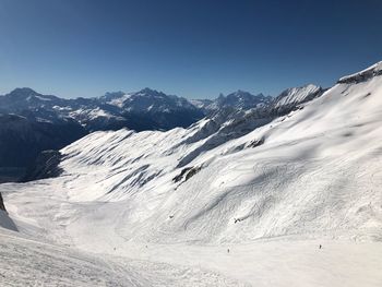 Scenic view of snowcapped mountains against clear blue sky