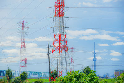 Low angle view of electricity pylon against sky