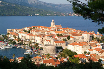 High angle view of buildings in town