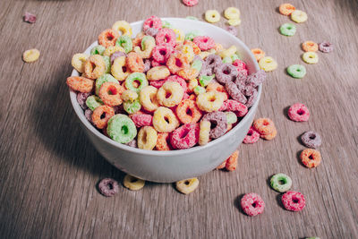 High angle view of fruit cereal in bowl on table