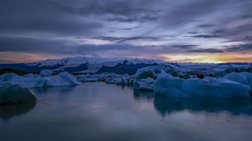 Scenic view of lake against sky during sunset at jokusarlon lagoon, iceland