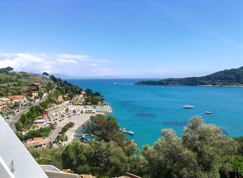 High angle view of sea and trees against sky