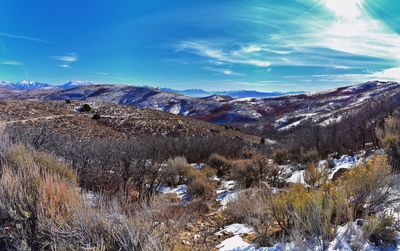 Scenic view of snowcapped mountains against sky