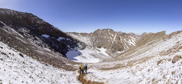 Scenic view of snowcapped mountains against clear sky