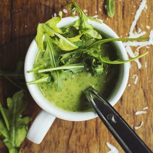 High angle view of salad in bowl on table
