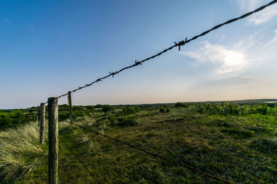 Close-up of barbed wire against sky