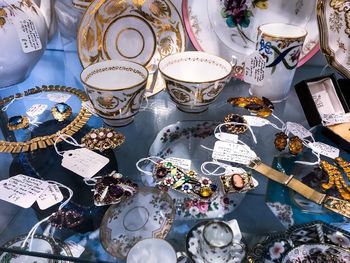 High angle view of objects on table