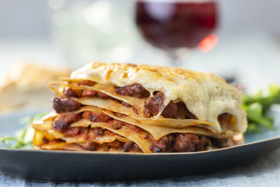 Close-up of food served on table