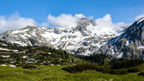 Scenic view of snowcapped mountains against sky