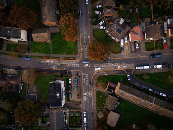 High angle view of street and buildings in city