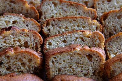 Full frame shot of banana breads arranged for sale in store