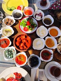 High angle view of meal served on table