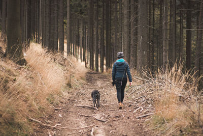 Rear view of woman with dog walking in the forest