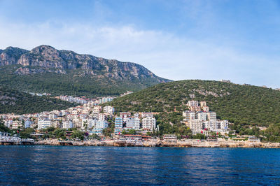 Scenic view of river and mountains against sky