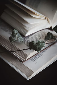 High angle view of books on table