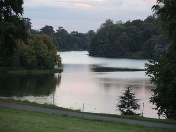 View of calm lake along trees