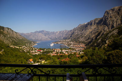 Scenic view of lake and mountains against clear sky