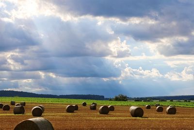 Hay bales on field against sky