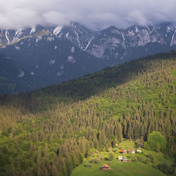 Scenic view of field and mountains against sky