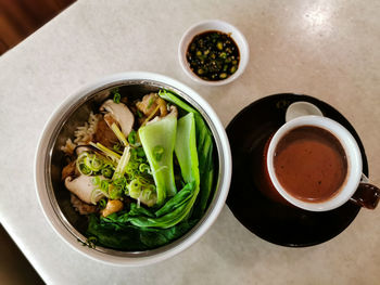 High angle view of soup in bowl on table