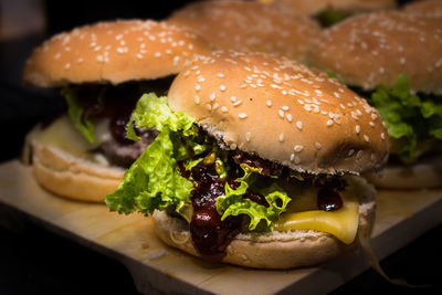 Close-up of hamburgers on table