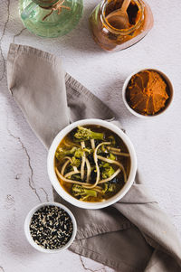 High angle view of food in bowl on table