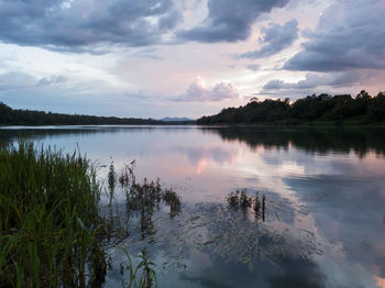 Scenic view of lake against sky at sunset