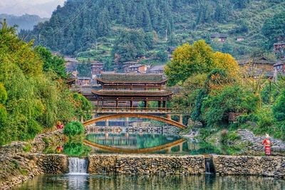 View of footbridge over lake