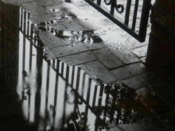 Reflection of buildings in puddle