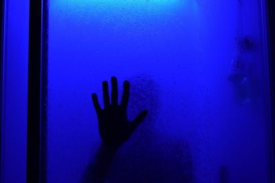 Close-up of silhouette hand against blue water