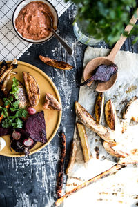 High angle view of food on table