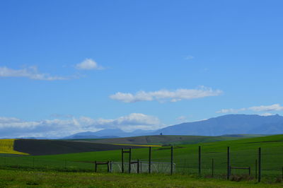 Scenic view of grassy field against cloudy sky