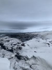 Scenic view of snow covered land against sky