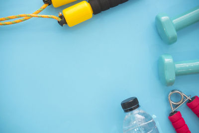 High angle view of bottles on table