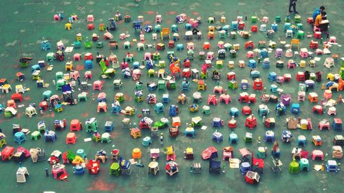 High angle view of stool arranging outdoors