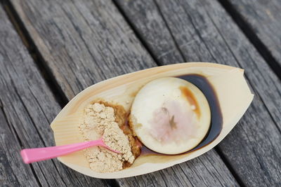 High angle view of ice cream in bowl on table