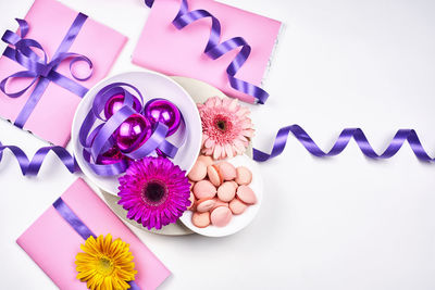 High angle view of various flowers on table