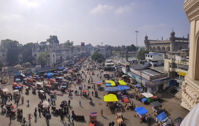 High angle view of people on street in city