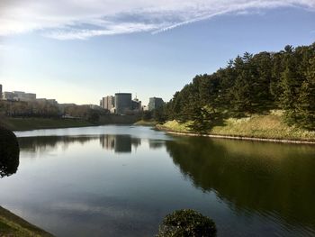 Scenic view of river by cityscape against sky