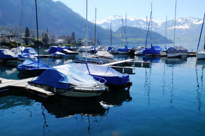 Boats moored on lake