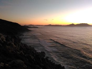 Scenic view of beach against dramatic sky