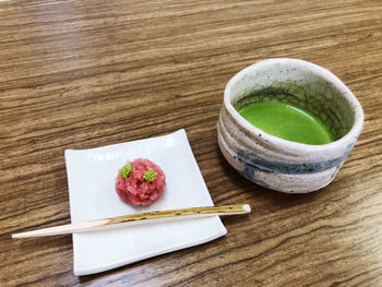 High angle view of breakfast on table