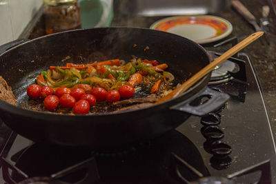 High angle view of food in bowl on table
