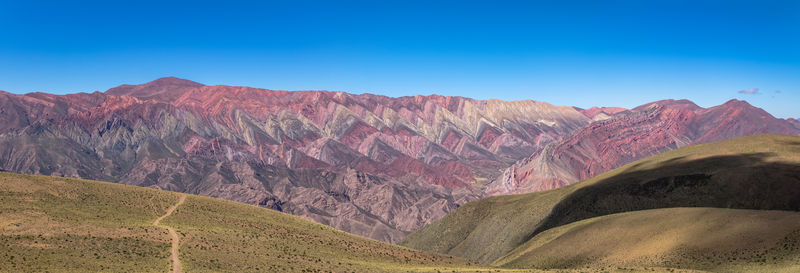 Scenic view of mountains against clear blue sky