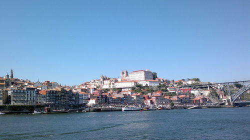 View of buildings against clear blue sky