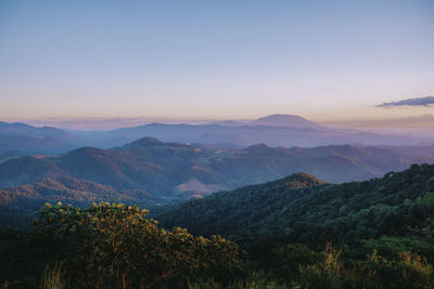 Scenic view of mountains against sky during sunset