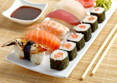 Close-up of sushi served in plate