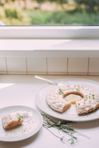 High angle view of food served on table