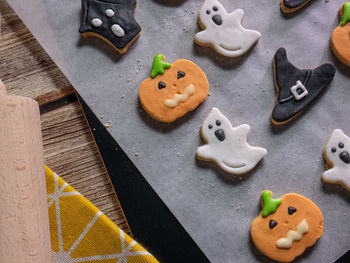 High angle view of cookies on table